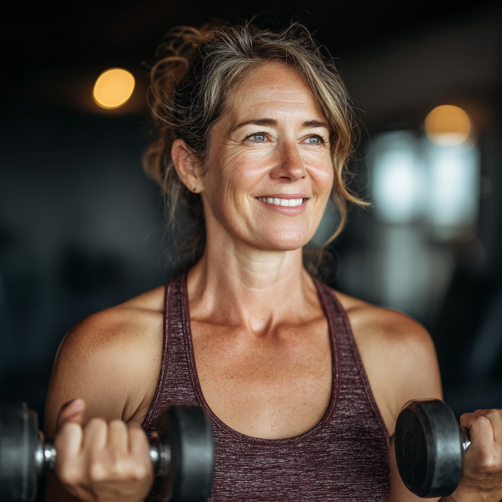 Active mature woman in her 40s doing strength training with dumbbells in a modern gym, smiling confidently while exercising
