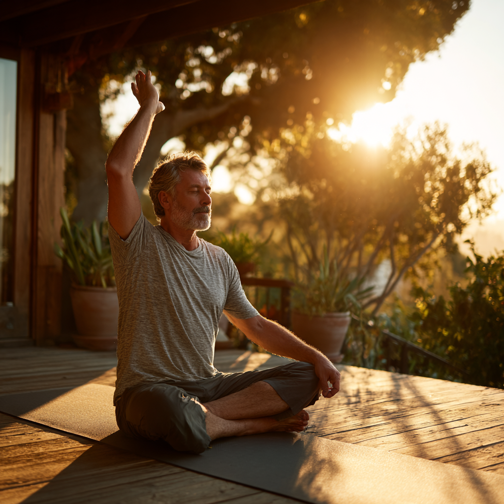 Happy mature man in his 50s performing yoga stretches on a wooden deck outdoors, demonstrating improved flexibility and peaceful mindset with morning sunlight